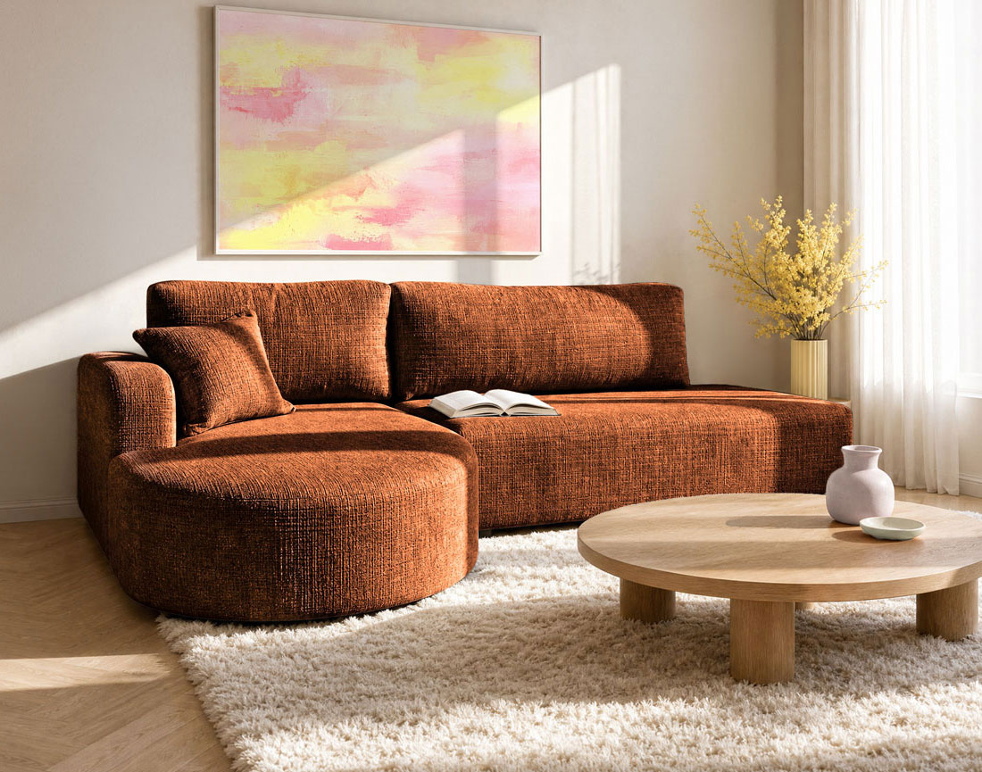 Canapé MIRO d'angle gauche 4 places convertible avec coffre sans accoudoirs en velours texturé | Best Mobilier