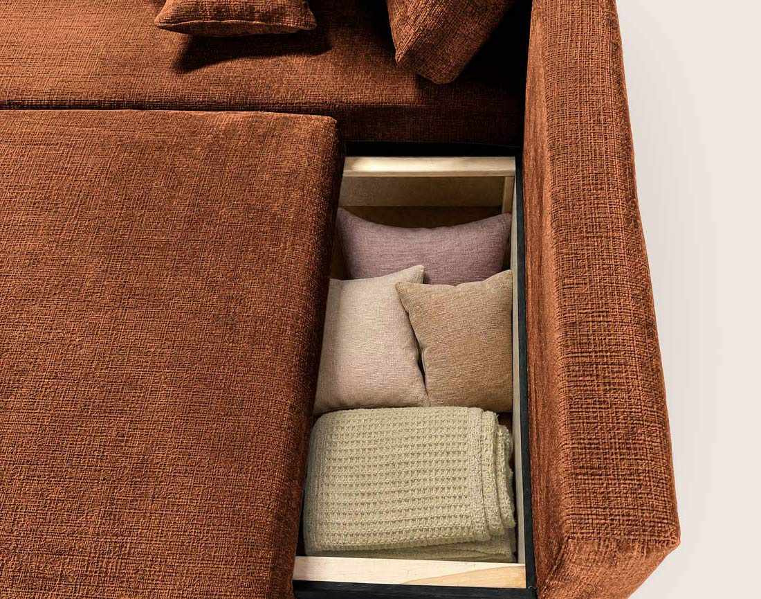 Canapé MIRO d'angle gauche 4 places convertible avec coffre sans accoudoirs en velours texturé | Best Mobilier