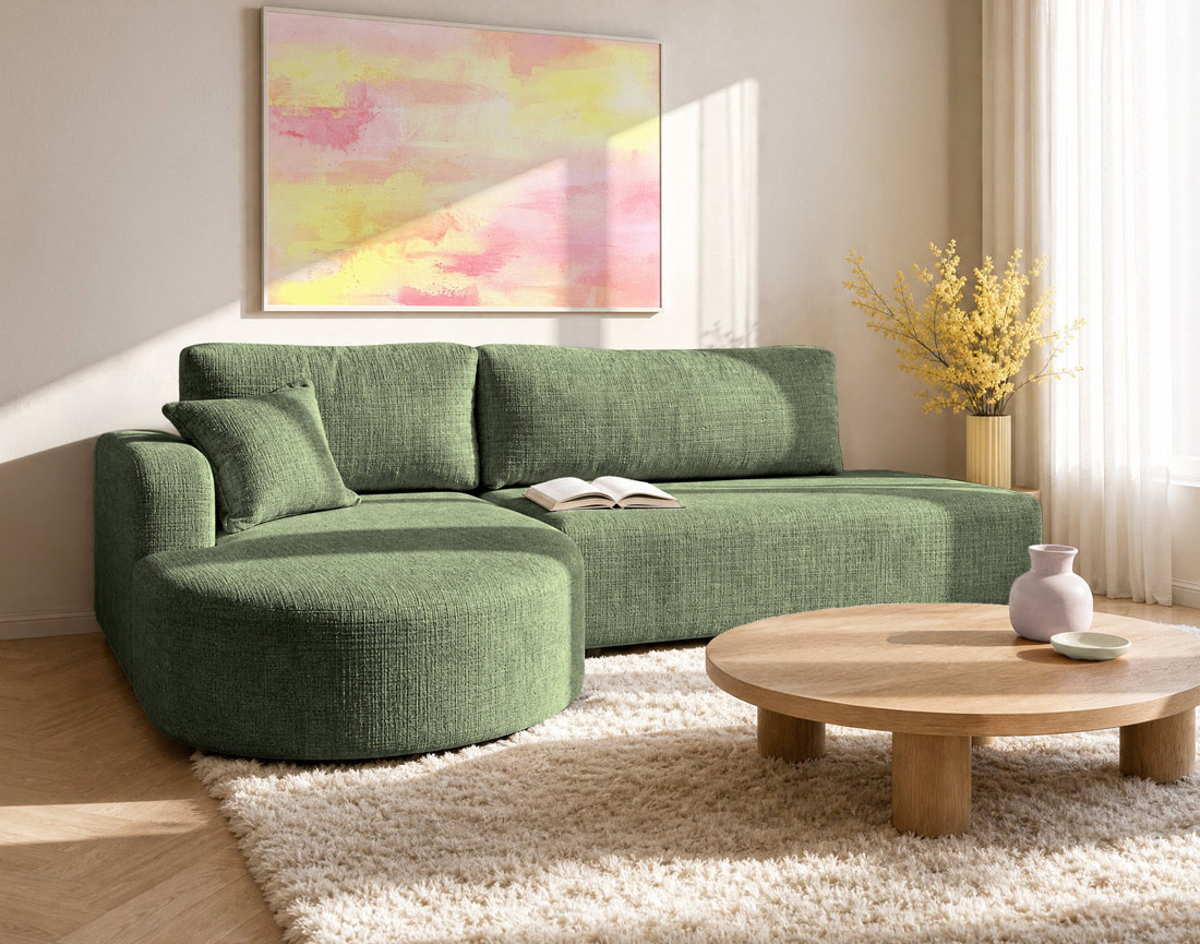 Canapé MIRO d'angle gauche 4 places convertible avec coffre sans accoudoirs en velours texturé | Best Mobilier