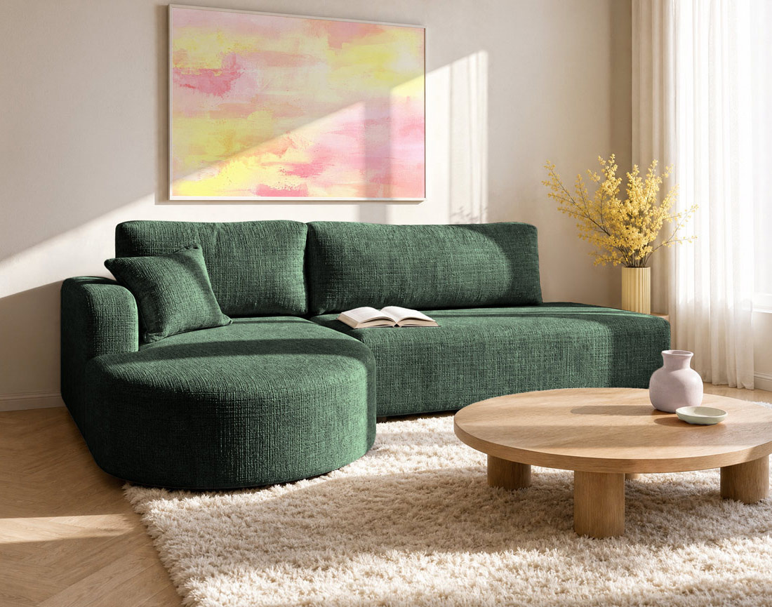 Canapé MIRO d'angle gauche 4 places convertible avec coffre sans accoudoirs en velours texturé | Best Mobilier