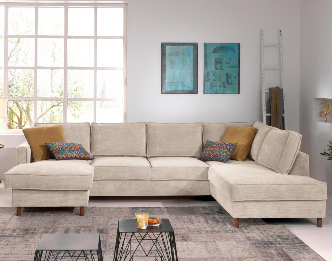 Canapé panoramique d'angle droit convertible avec coffre 7 places en velours côtelé Jake