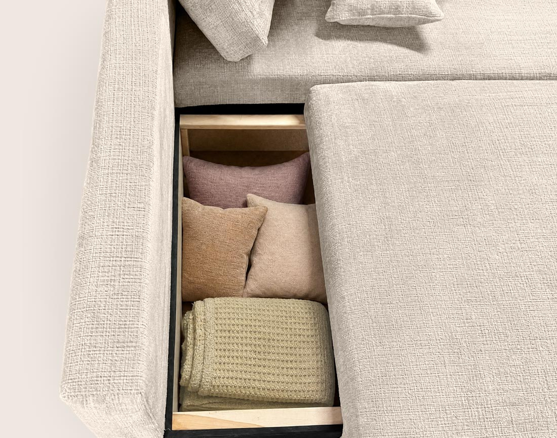 Canapé MIRO d'angle droit 4 places convertible avec coffre sans accoudoirs en velours texturé | Best Mobilier