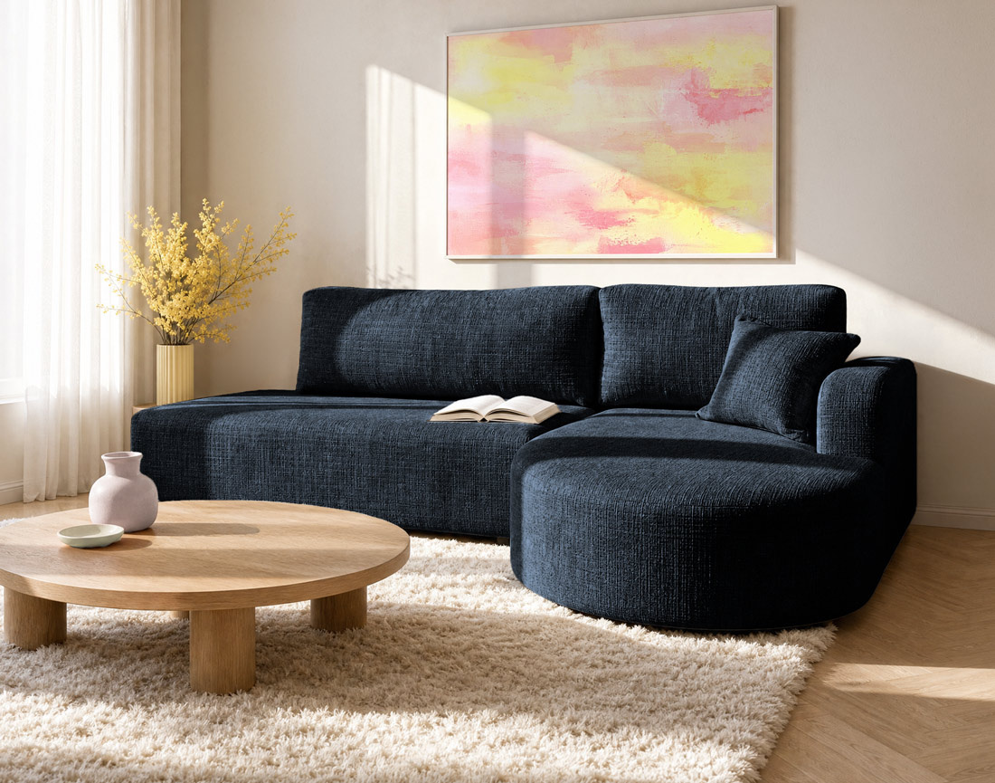 Canapé MIRO d'angle droit 4 places convertible avec coffre sans accoudoirs en velours texturé | Best Mobilier
