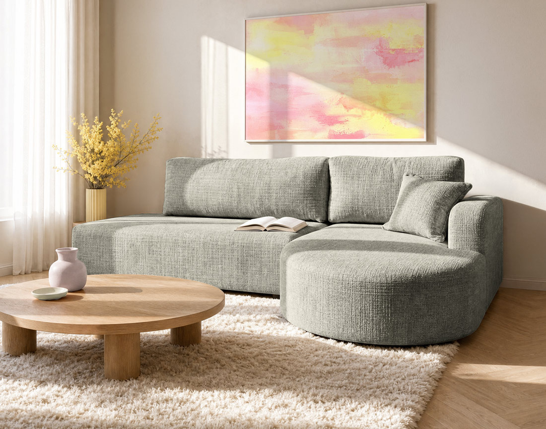 Canapé MIRO d'angle droit 4 places convertible avec coffre sans accoudoirs en velours texturé | Best Mobilier