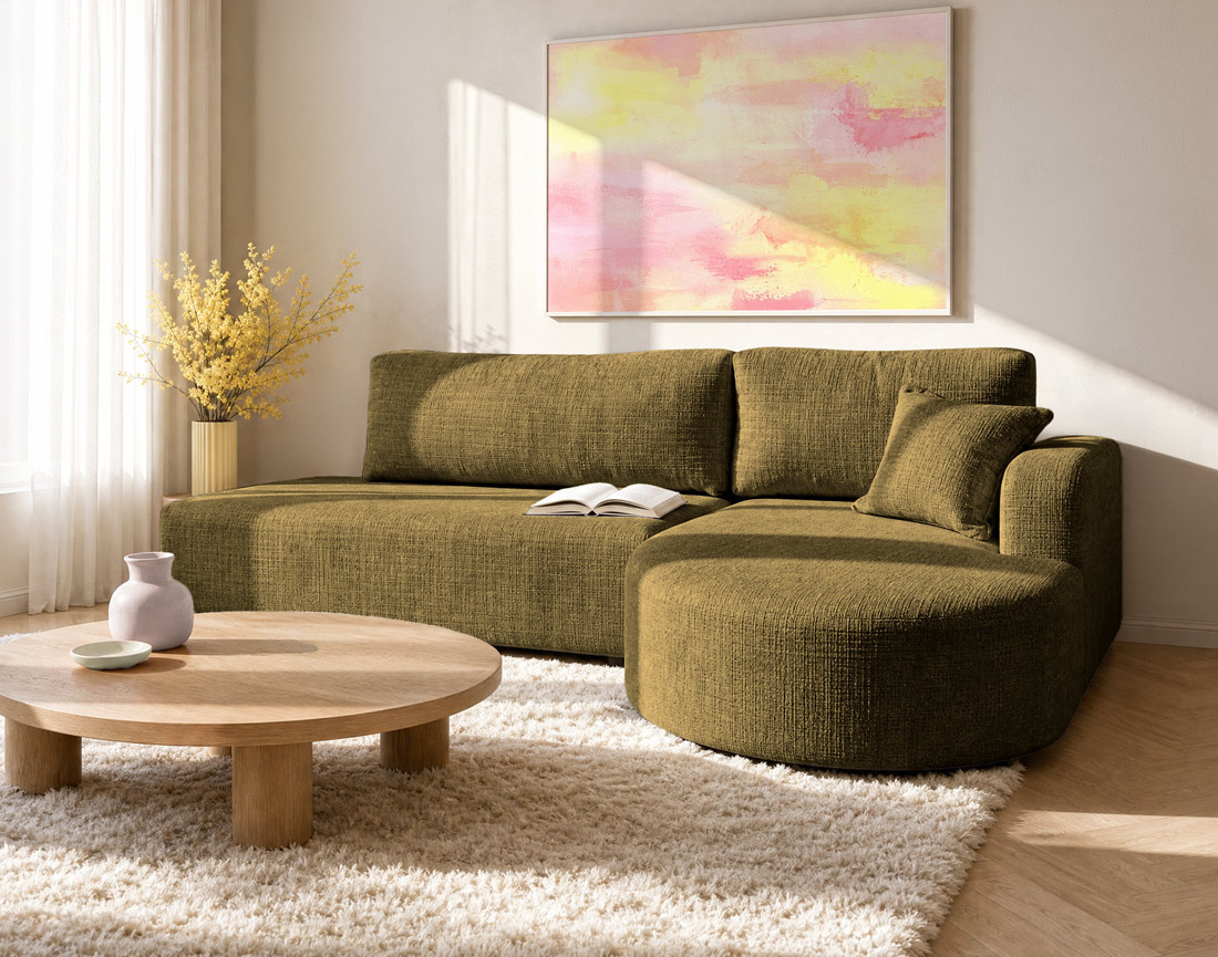 Canapé MIRO d'angle droit 4 places convertible avec coffre sans accoudoirs en velours texturé | Best Mobilier