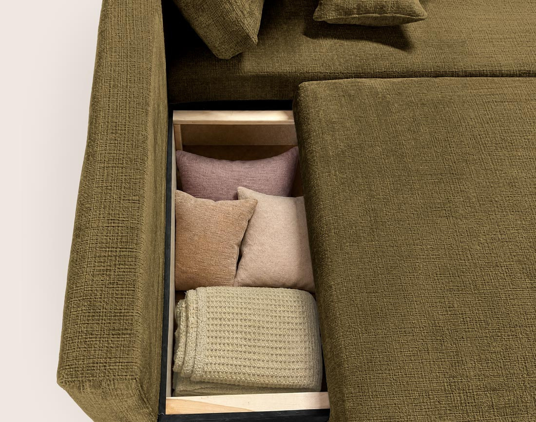 Canapé MIRO d'angle droit 4 places convertible avec coffre sans accoudoirs en velours texturé | Best Mobilier