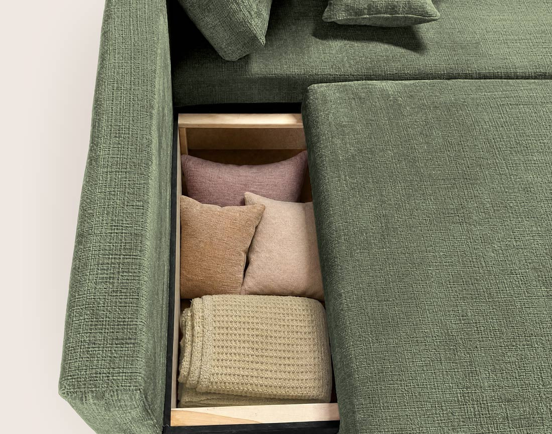 Canapé MIRO d'angle droit 4 places convertible avec coffre sans accoudoirs en velours texturé | Best Mobilier