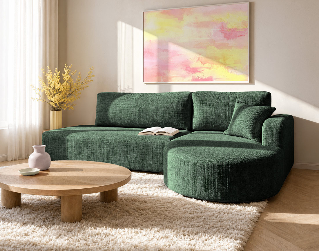 Canapé MIRO d'angle droit 4 places convertible avec coffre sans accoudoirs en velours texturé | Best Mobilier