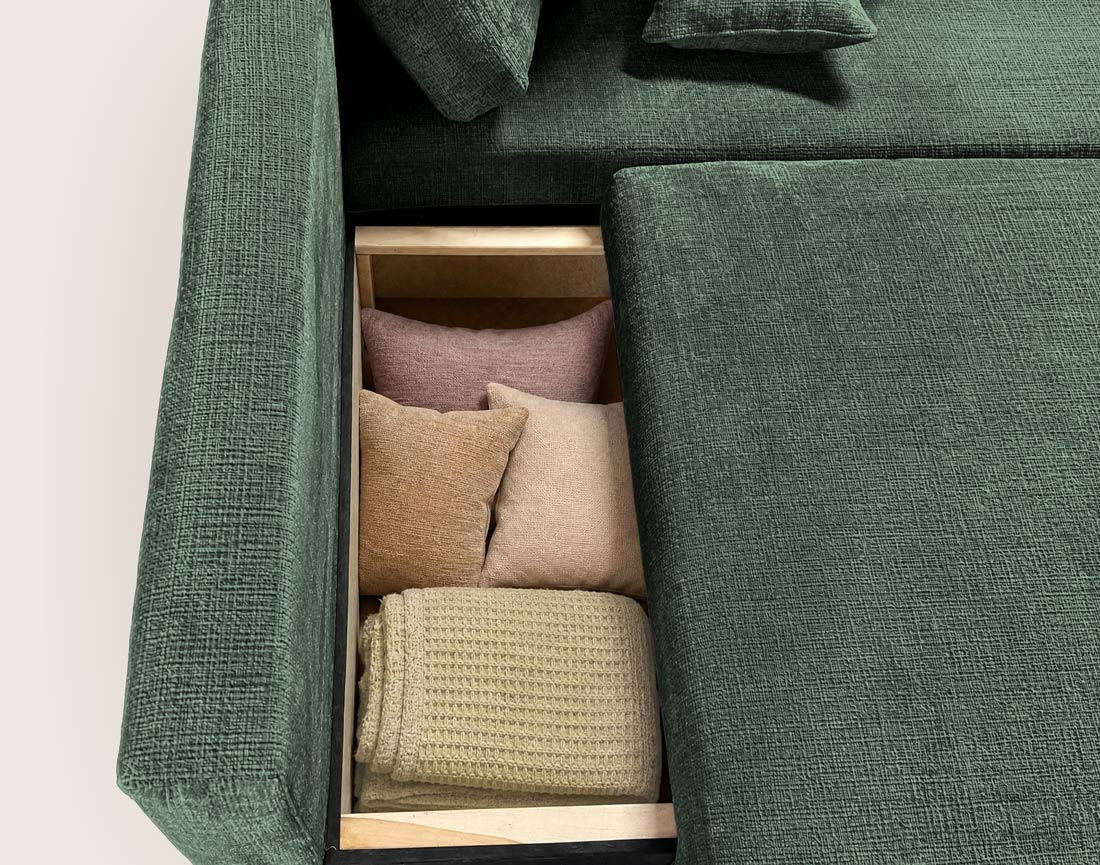 Canapé MIRO d'angle droit 4 places convertible avec coffre sans accoudoirs en velours texturé | Best Mobilier