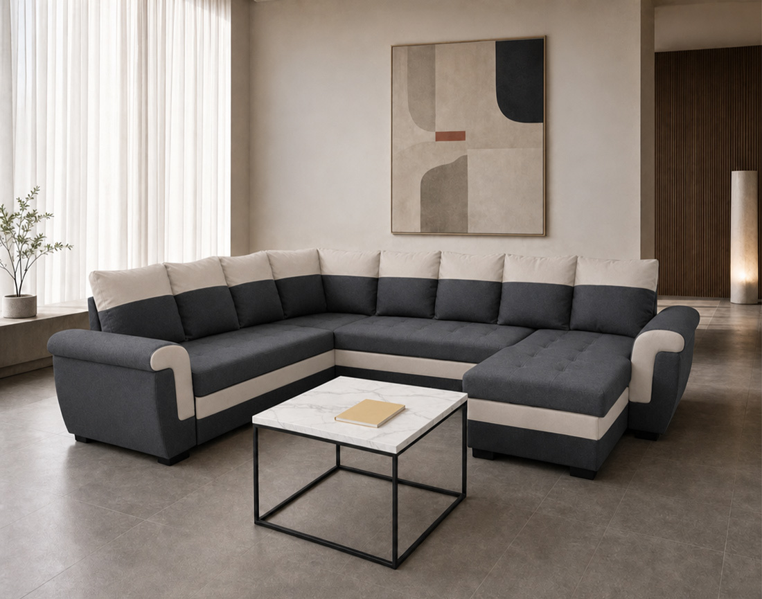 Canapé HENRY panoramique d'angle réversible convertible en tissu et PU  | Best Mobilier