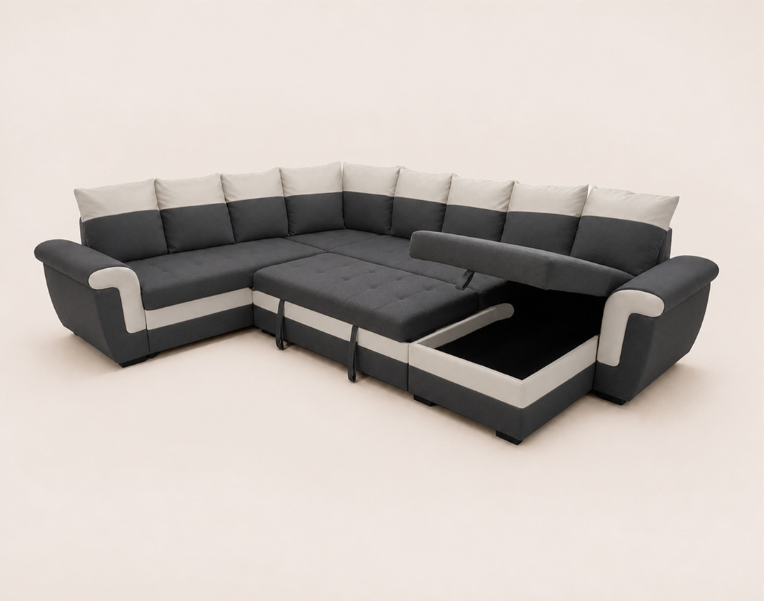 Canapé HENRY panoramique d'angle réversible convertible en tissu et PU  | Best Mobilier