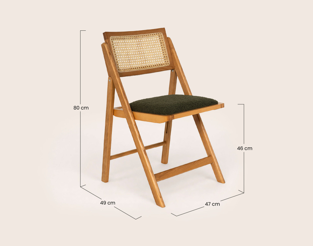 Lot de 2 chaises LORENZO pliantes frêne massif, cannage et tissu bouclette | Best Mobilier