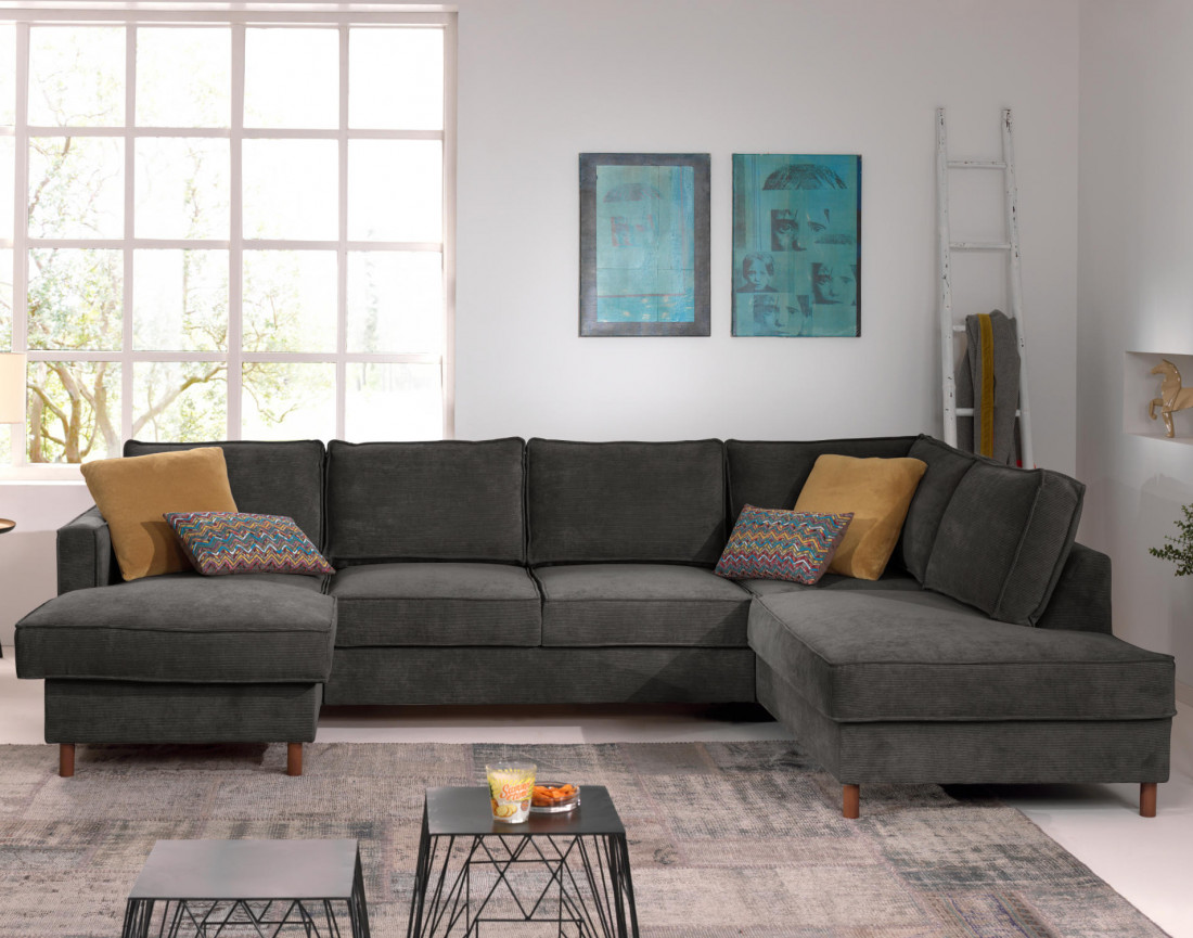 Canapé panoramique d'angle droit convertible avec coffre 7 places en velours côtelé Jake