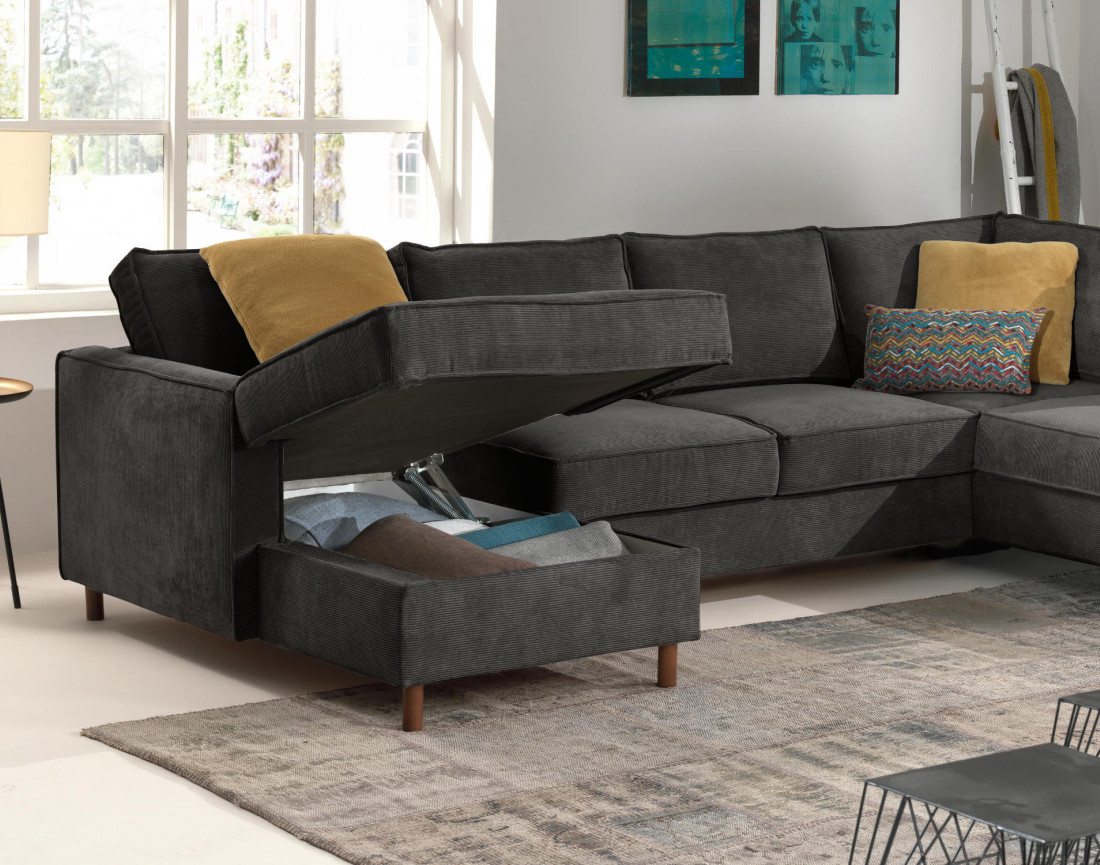 Canapé panoramique d'angle droit convertible avec coffre 7 places en velours côtelé Jake