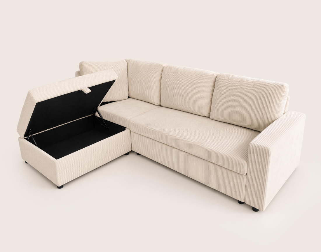 Canapé MEIYA d'angle gauche 5 places convertible avec coffre en velours côtelé | Best Mobilier