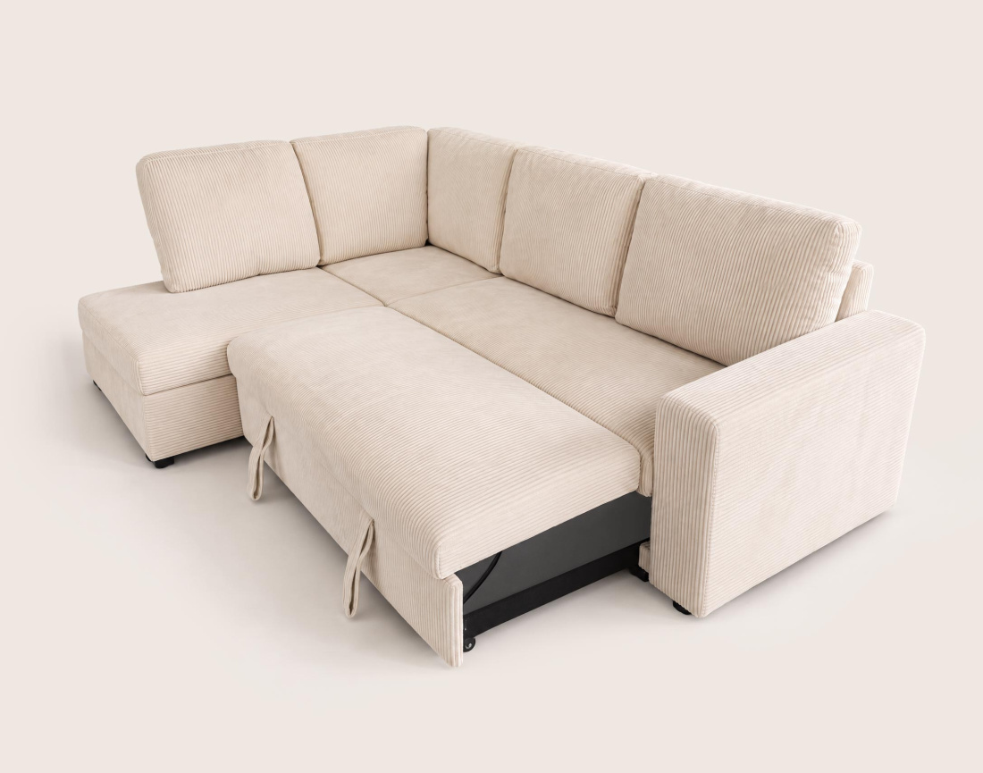 Canapé MEIYA d'angle gauche 5 places convertible avec coffre en velours côtelé | Best Mobilier