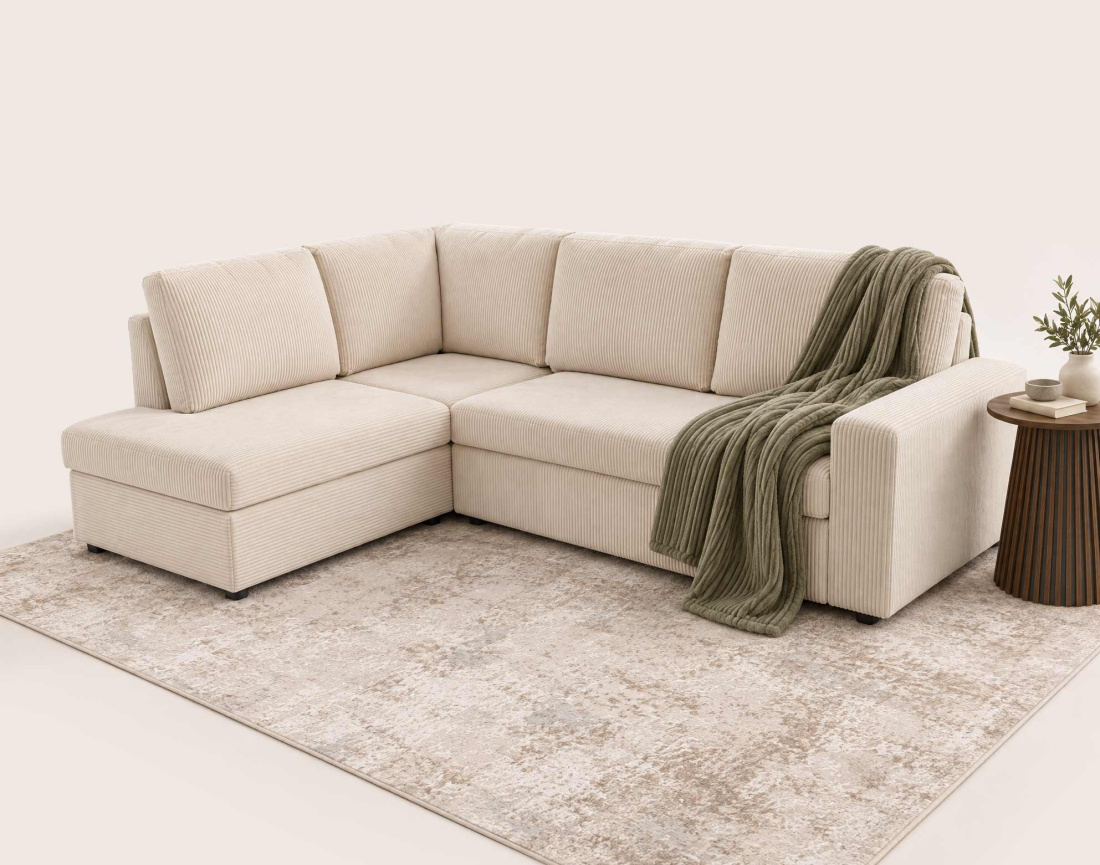 Canapé MEIYA d'angle gauche 5 places convertible avec coffre en velours côtelé | Best Mobilier