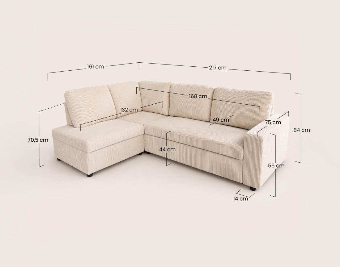 Canapé MEIYA d'angle gauche 5 places convertible avec coffre en velours côtelé | Best Mobilier