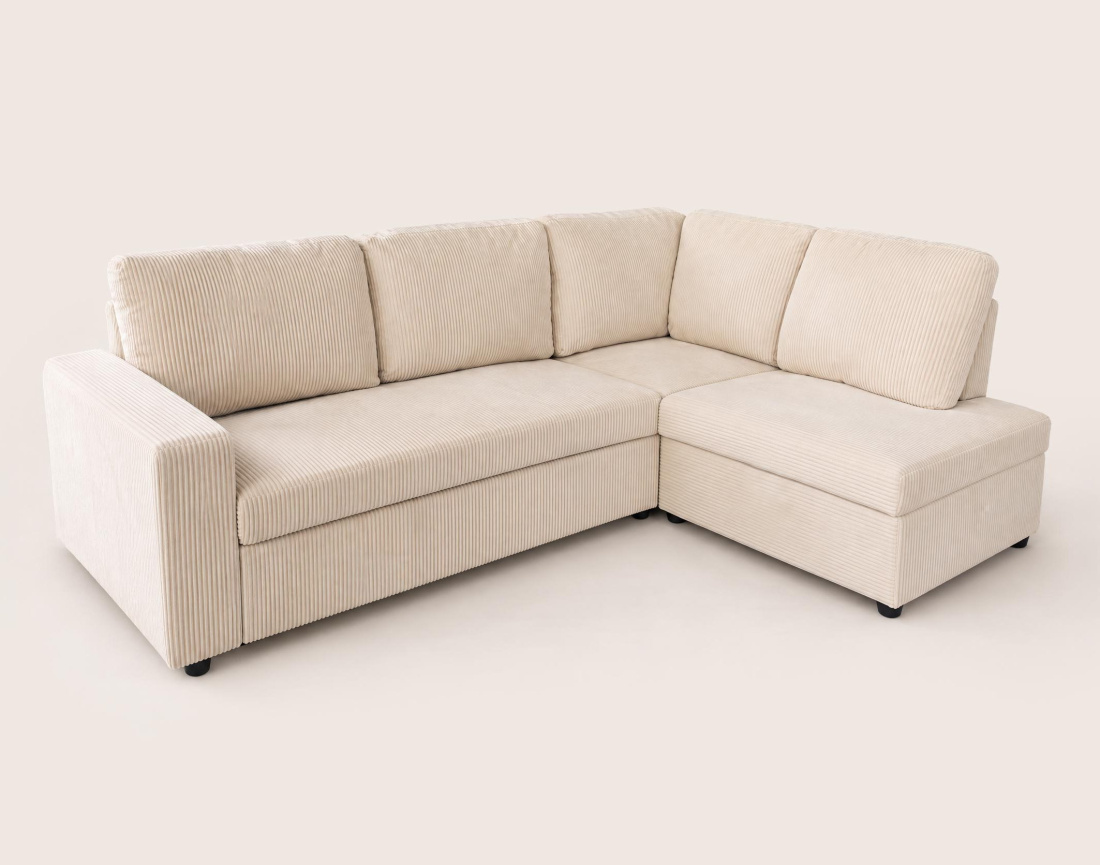 Canapé MEIYA d'angle droit 5 places convertible avec coffre en velours côtelé | Best Mobilier