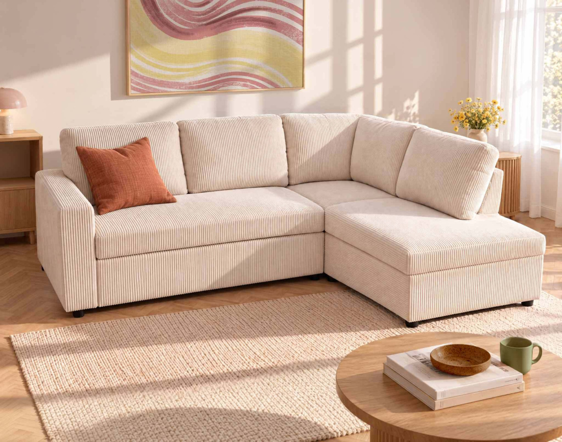 Canapé MEIYA d'angle droit 5 places convertible avec coffre en velours côtelé | Best Mobilier