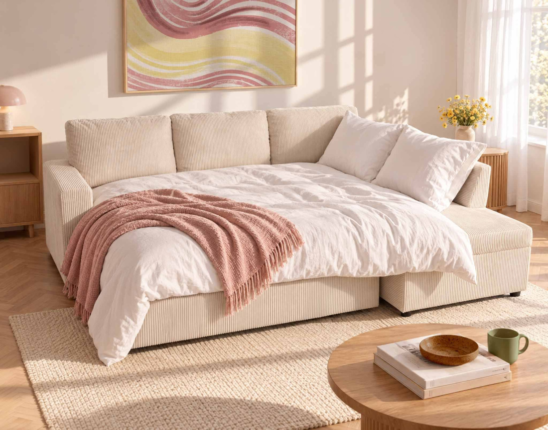 Canapé MEIYA d'angle droit 5 places convertible avec coffre en velours côtelé | Best Mobilier