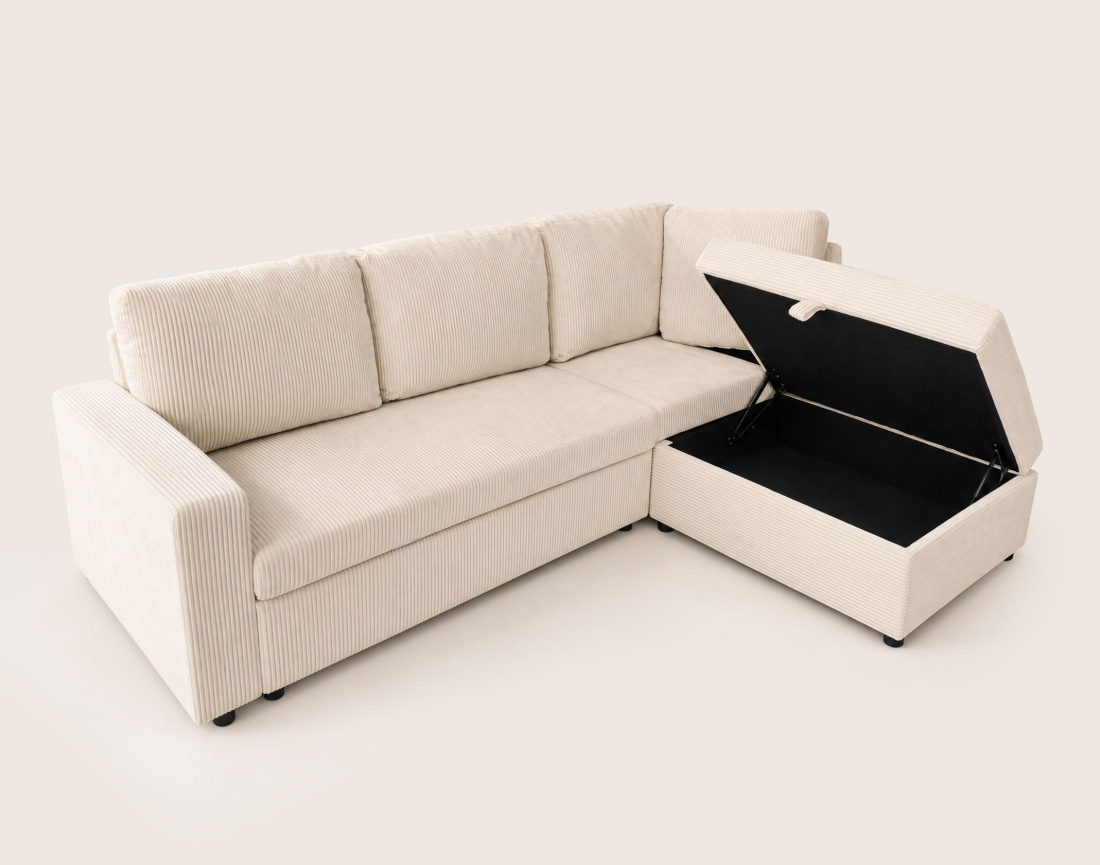 Canapé MEIYA d'angle droit 5 places convertible avec coffre en velours côtelé | Best Mobilier