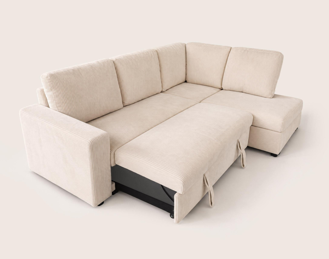 Canapé MEIYA d'angle droit 5 places convertible avec coffre en velours côtelé | Best Mobilier