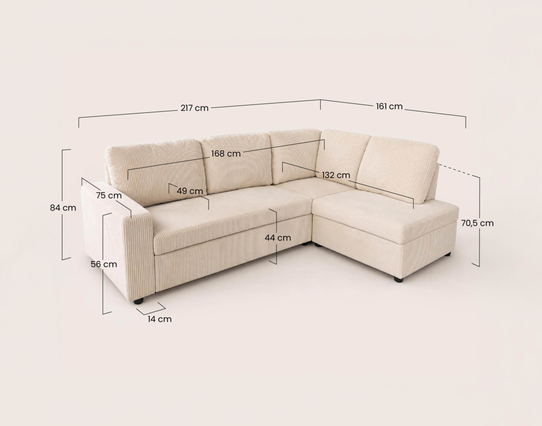 Canapé MEIYA d'angle droit 5 places convertible avec coffre en velours côtelé | Best Mobilier
