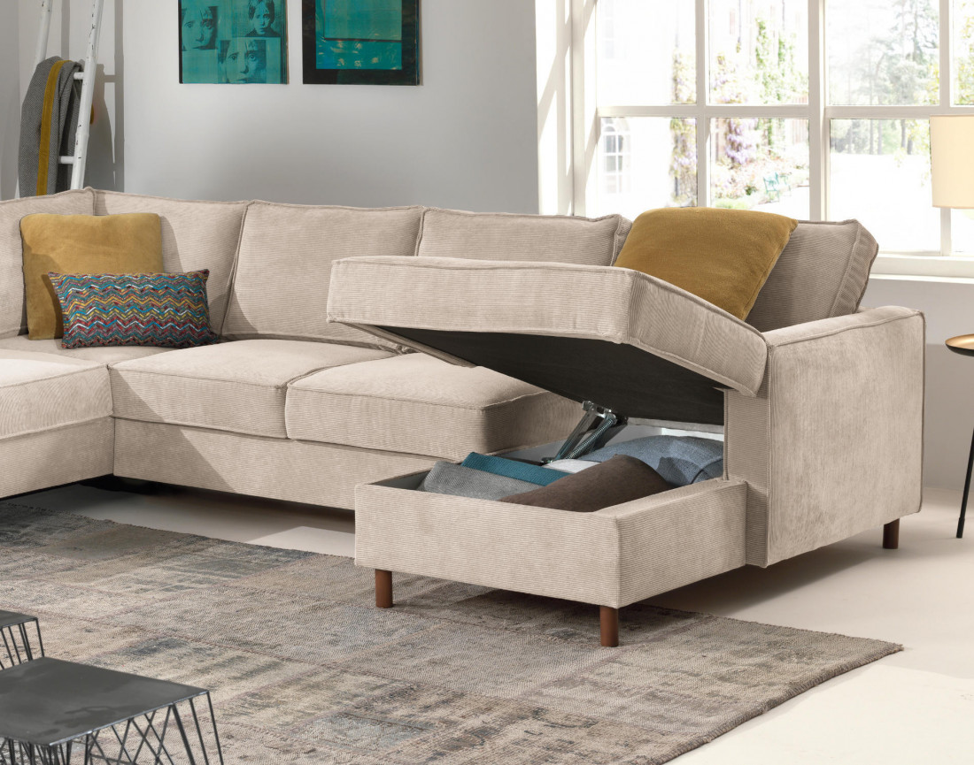 Canapé panoramique d'angle gauche convertible avec coffre 7 places en velours côtelé Jake