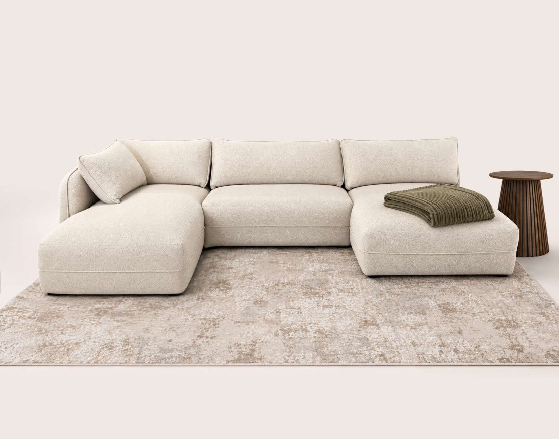 Canapé LUCIEN panoramique d'angle gauche 7 places en tissu bouclette | Best Mobilier