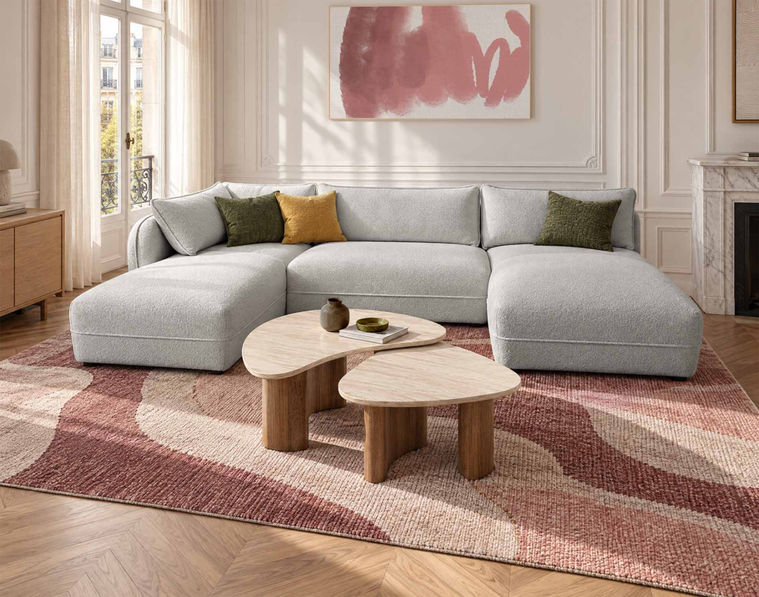 Canapé LUCIEN panoramique d'angle gauche 7 places en tissu bouclette | Best Mobilier