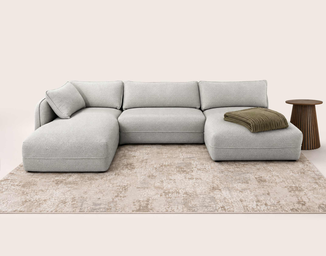 Canapé LUCIEN panoramique d'angle gauche 7 places en tissu bouclette | Best Mobilier