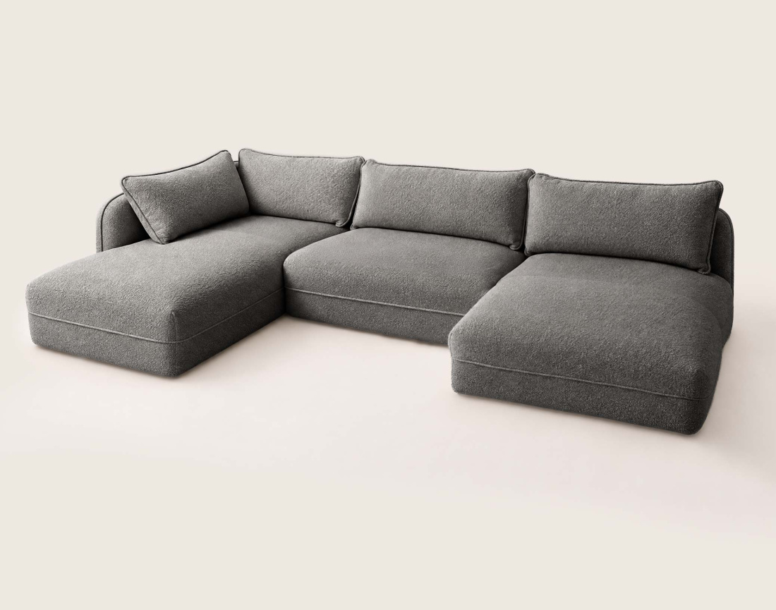 Canapé LUCIEN panoramique d'angle gauche 7 places en tissu bouclette | Best Mobilier