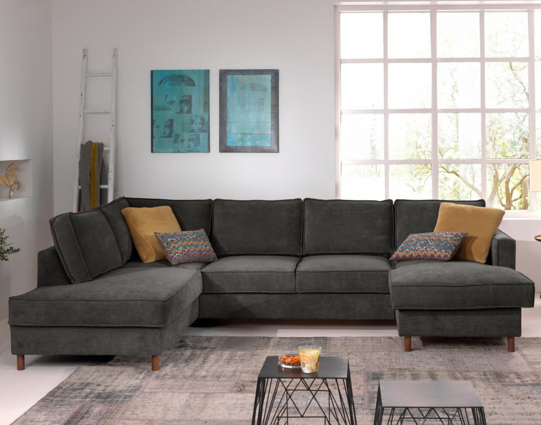 Canapé panoramique d'angle gauche convertible avec coffre 7 places en velours côtelé Jake