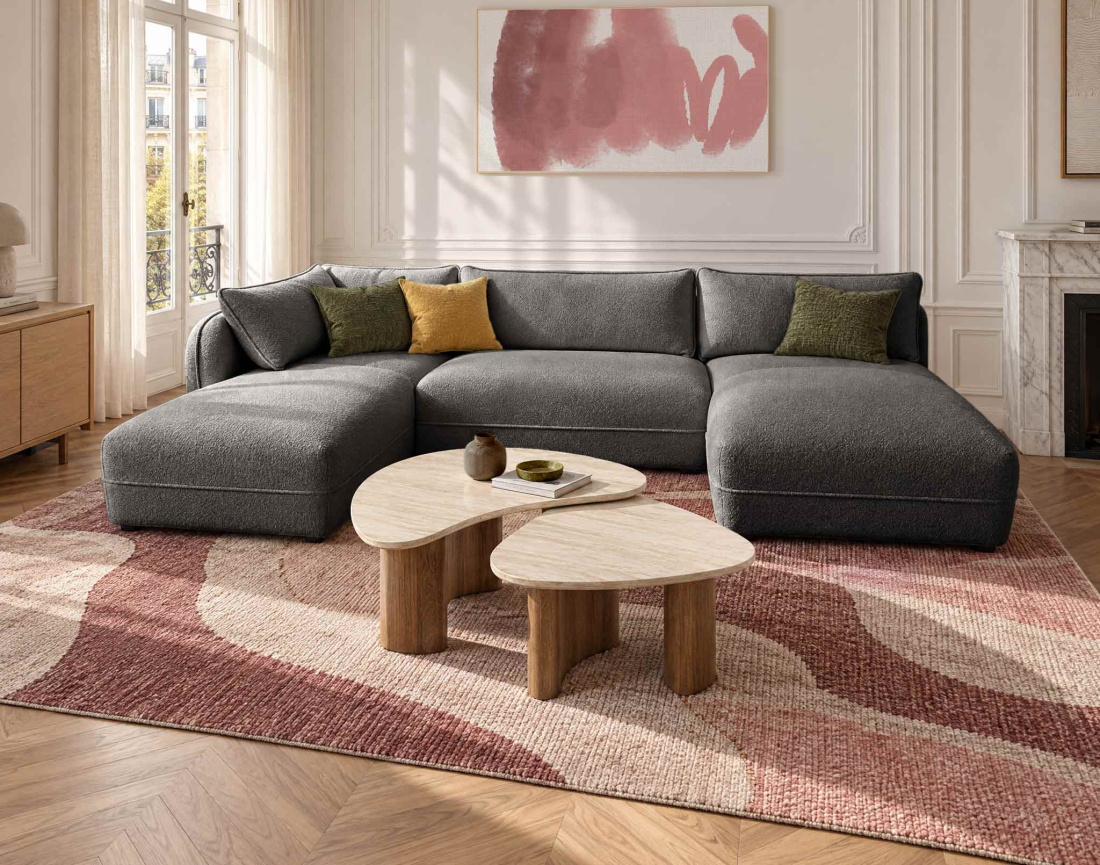 Canapé LUCIEN panoramique d'angle gauche 7 places en tissu bouclette | Best Mobilier