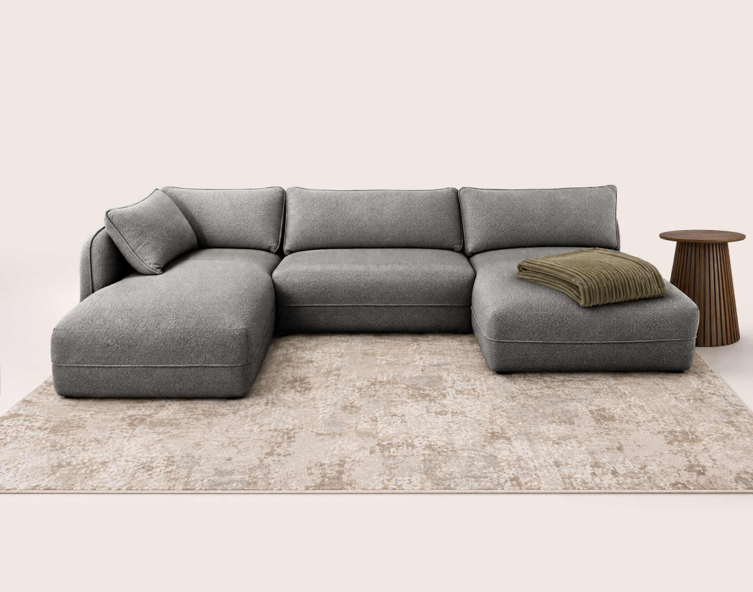 Canapé LUCIEN panoramique d'angle gauche 7 places en tissu bouclette | Best Mobilier