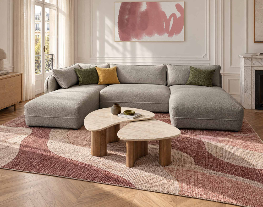 Canapé LUCIEN panoramique d'angle gauche 7 places en tissu bouclette | Best Mobilier