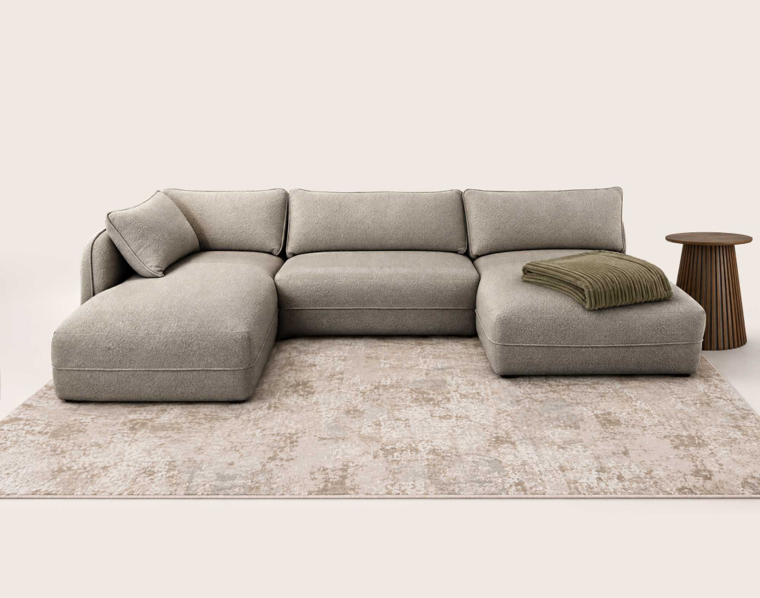 Canapé LUCIEN panoramique d'angle gauche 7 places en tissu bouclette | Best Mobilier