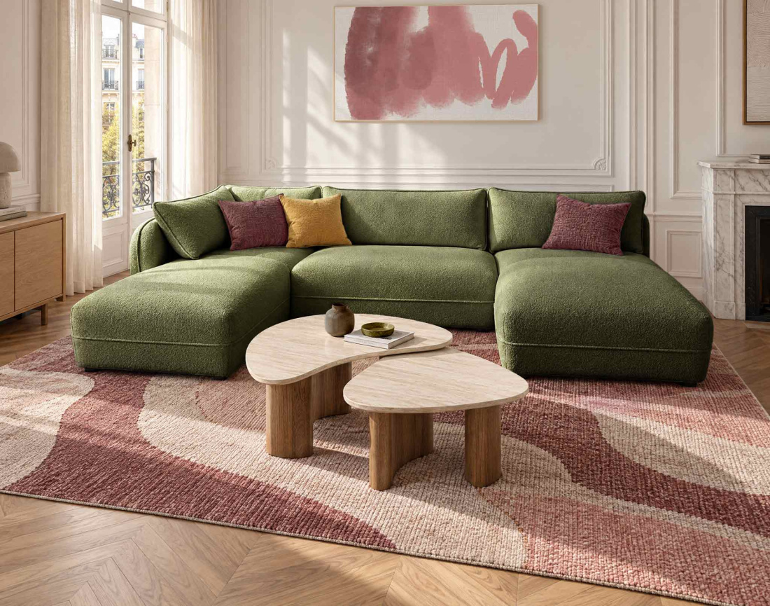 Canapé LUCIEN panoramique d'angle gauche 7 places en tissu bouclette | Best Mobilier