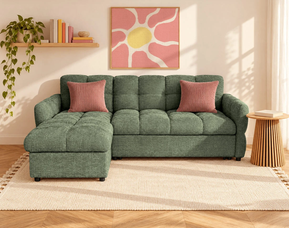 Canapé OCTAVE d'angle réversible 4 places convertible avec coffre en velours texturé | Best Mobilier