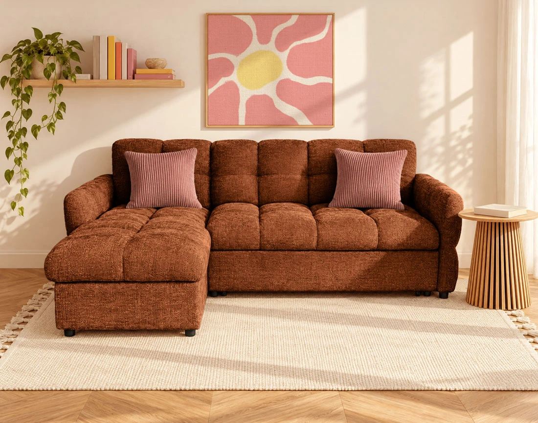 Canapé OCTAVE d'angle réversible 4 places convertible avec coffre en velours texturé | Best Mobilier