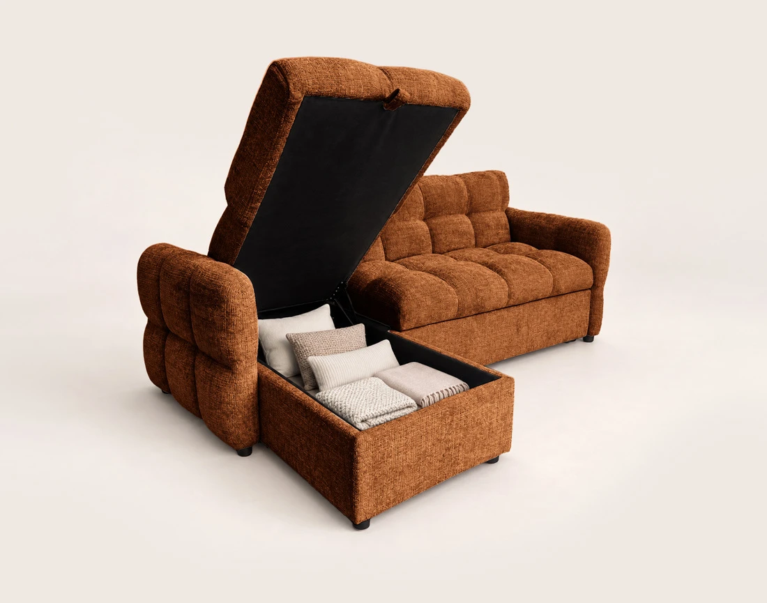 Canapé OCTAVE d'angle réversible 4 places convertible avec coffre en velours texturé | Best Mobilier