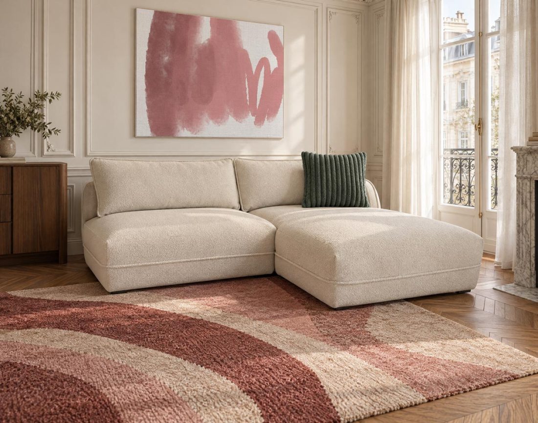 Canapé LUCIEN d'angle droit 4 places ouvert en tissu bouclette | Best Mobilier