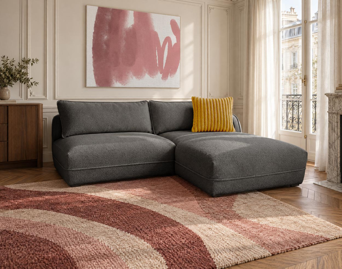 Canapé LUCIEN d'angle droit 4 places ouvert en tissu bouclette | Best Mobilier