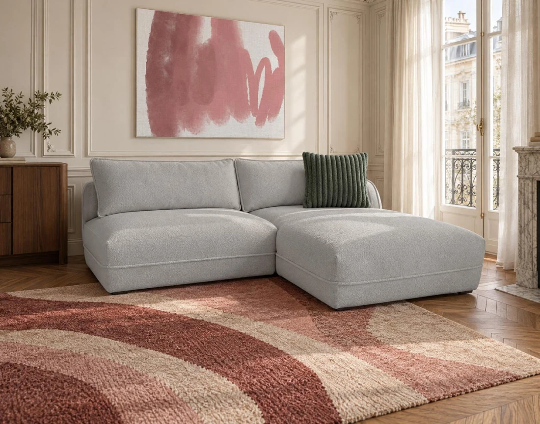 Canapé LUCIEN d'angle droit 4 places ouvert en tissu bouclette | Best Mobilier