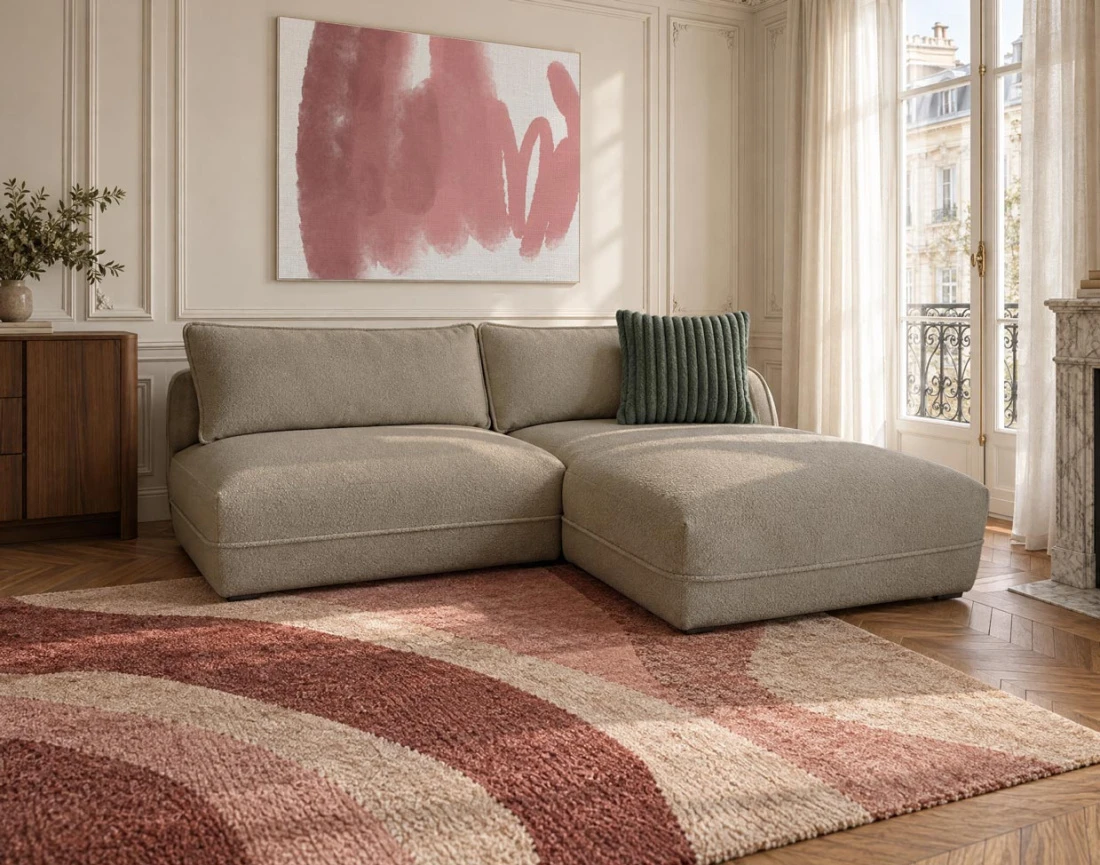 Canapé LUCIEN d'angle droit 4 places ouvert en tissu bouclette | Best Mobilier
