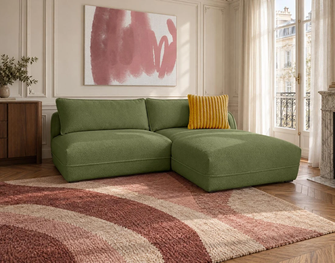 Canapé LUCIEN d'angle droit 4 places ouvert en tissu bouclette | Best Mobilier