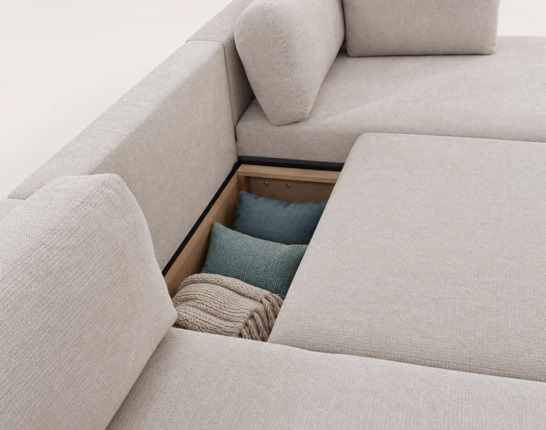 Canapé APRIL panoramique en U 7 places convertible avec coffre en tissu | Best Mobilier