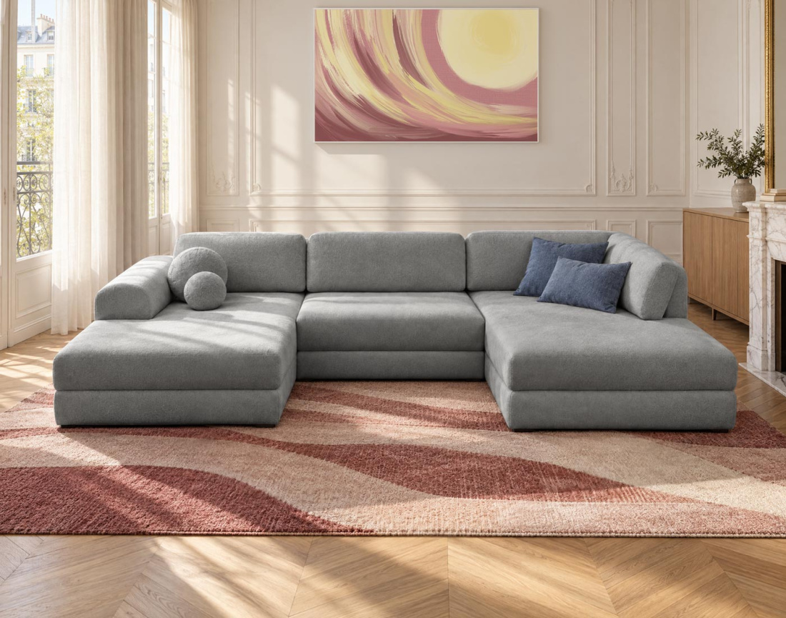 Canapé APRIL panoramique en U 7 places convertible avec coffre en tissu | Best Mobilier