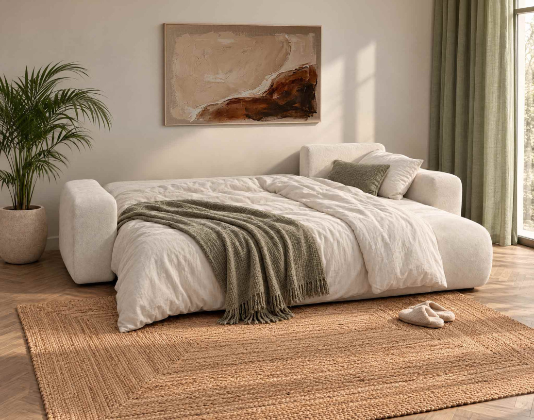 Canapé MANON d'angle réversible 4 places convertible avec coffre en tissu | Best Mobilier